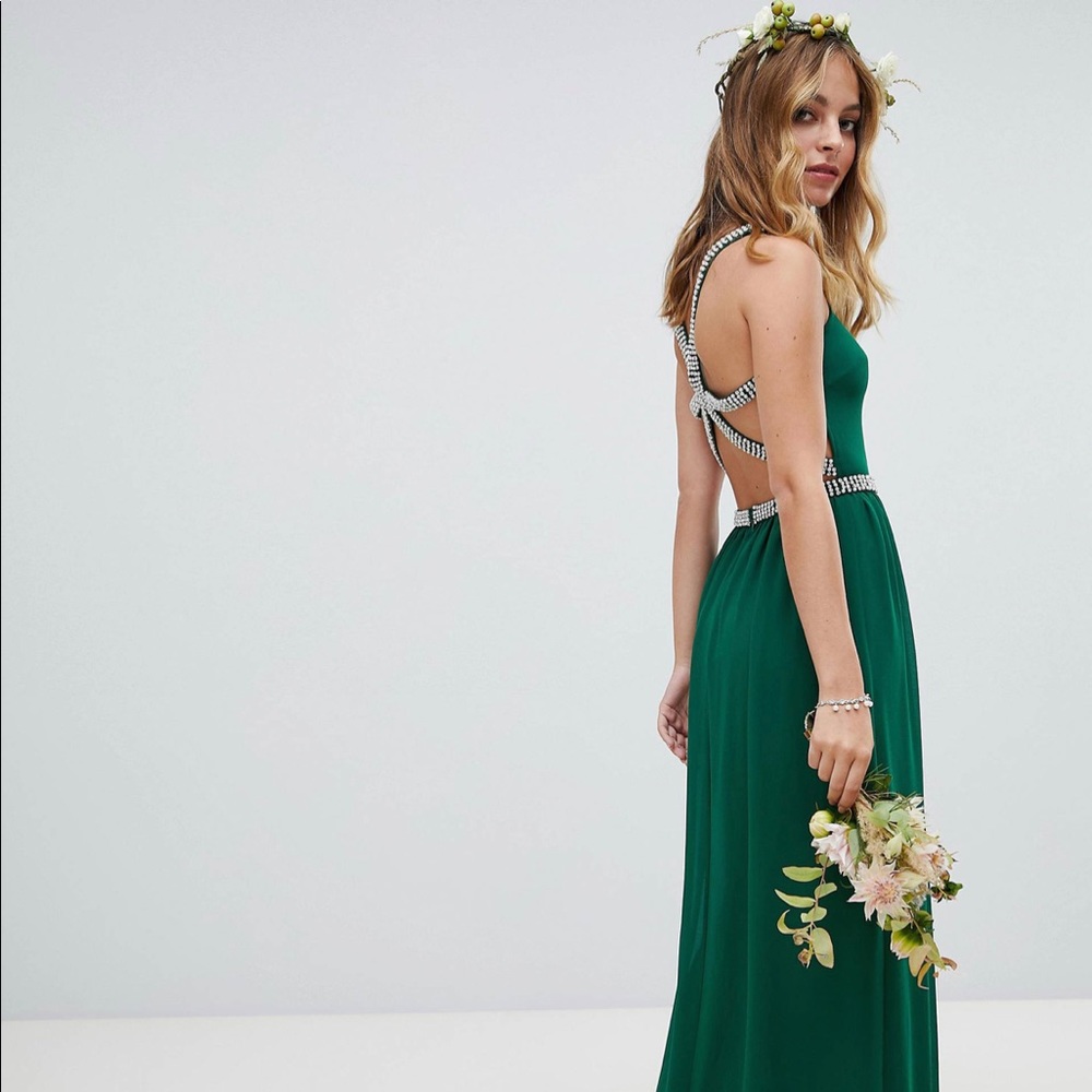 TFNC | petite green gown with embellished back